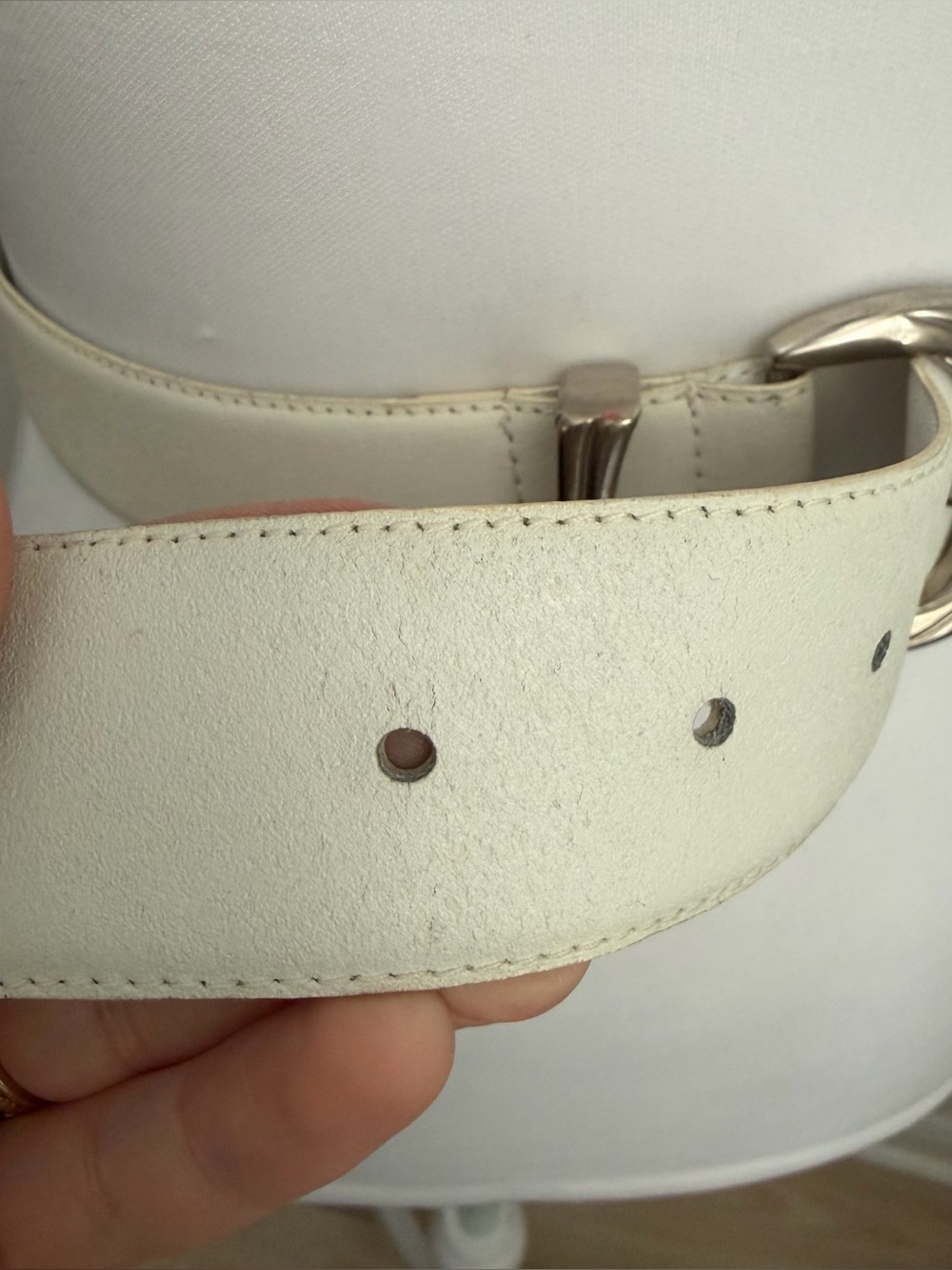 Vintage Ivory Leather Belt with Silver Buckle, Karen Scott Waist Sizes 27" - 31" - Picture 6 of 8